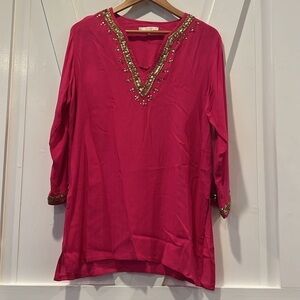 Barbara Gerwit Pink Fuscia Gold Sequin Long Sleeve V-Neck Tunic Size Medium
